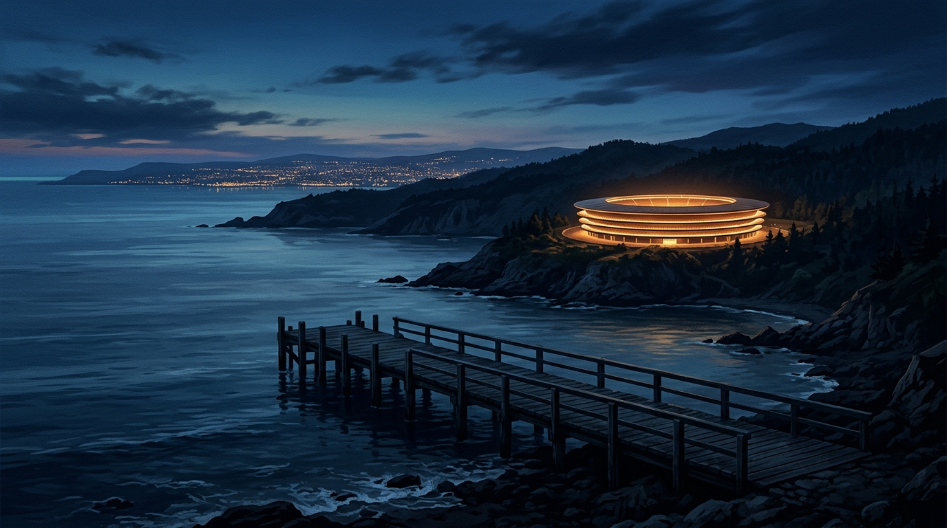 A modern arena glowing on a Black Sea coastline at blue hour, with a larger inland city faint on the horizon