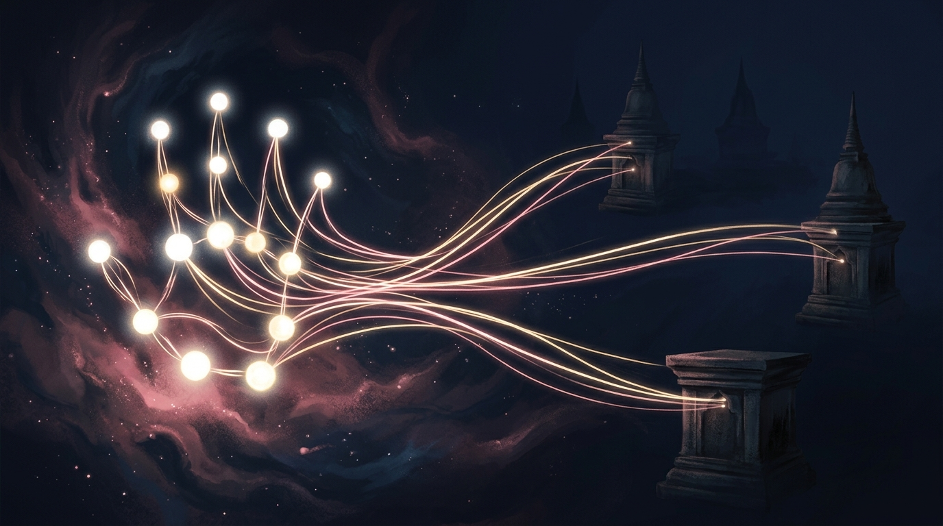 Eight glowing spheres of light dividing along luminous threads that split evenly toward three separate distant pedestals
