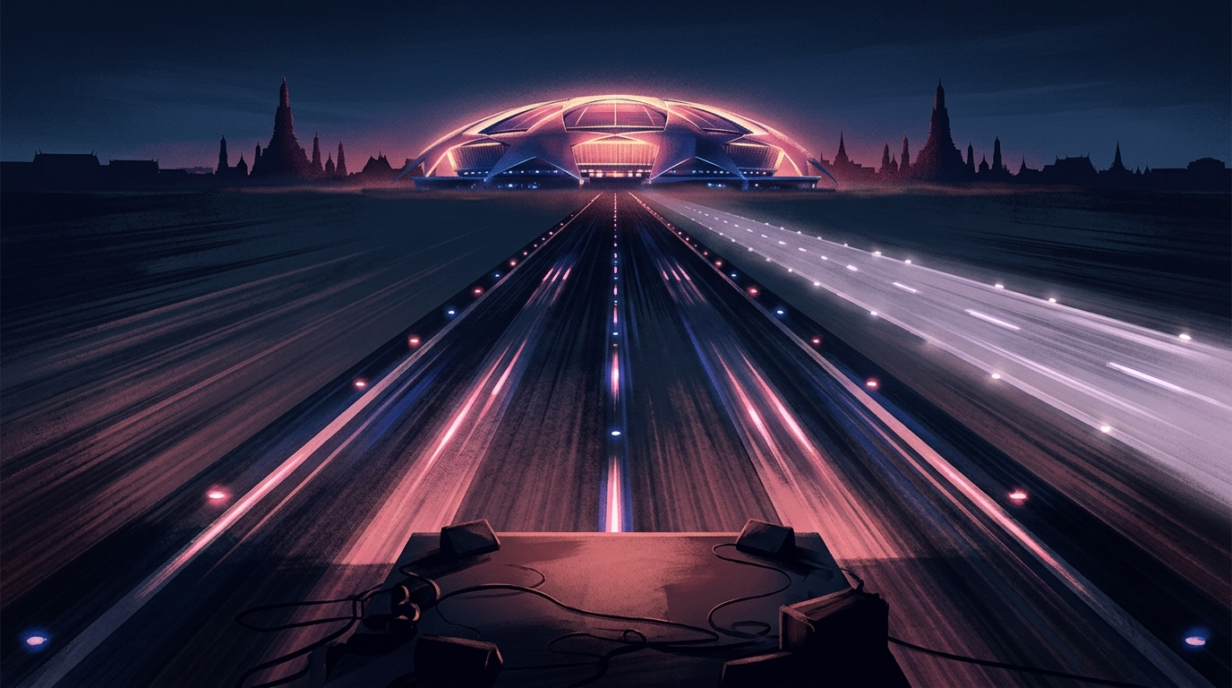 A shortened glowing runway beside a longer ghost runway, representing Bangladesh's compressed preparation time before Bangkok