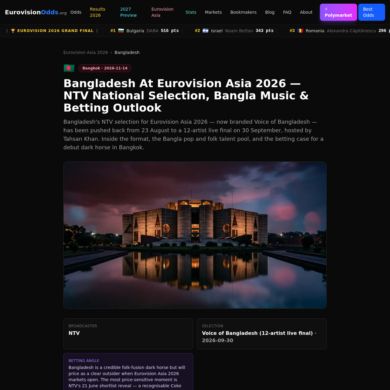 EurovisionOdds Bangladesh country page showing the Voice of Bangladesh selection details for Eurovision Asia 2026