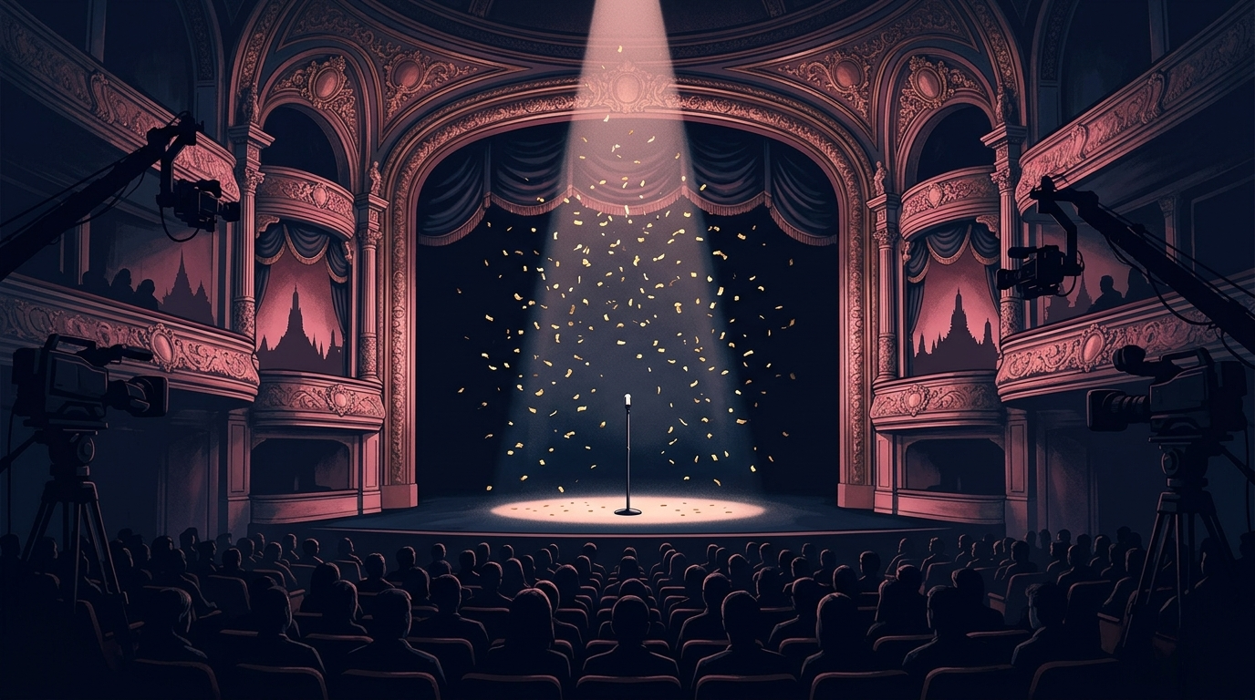Ornate theater interior with packed audience and centre-stage spotlight representing the Philippine live selection night
