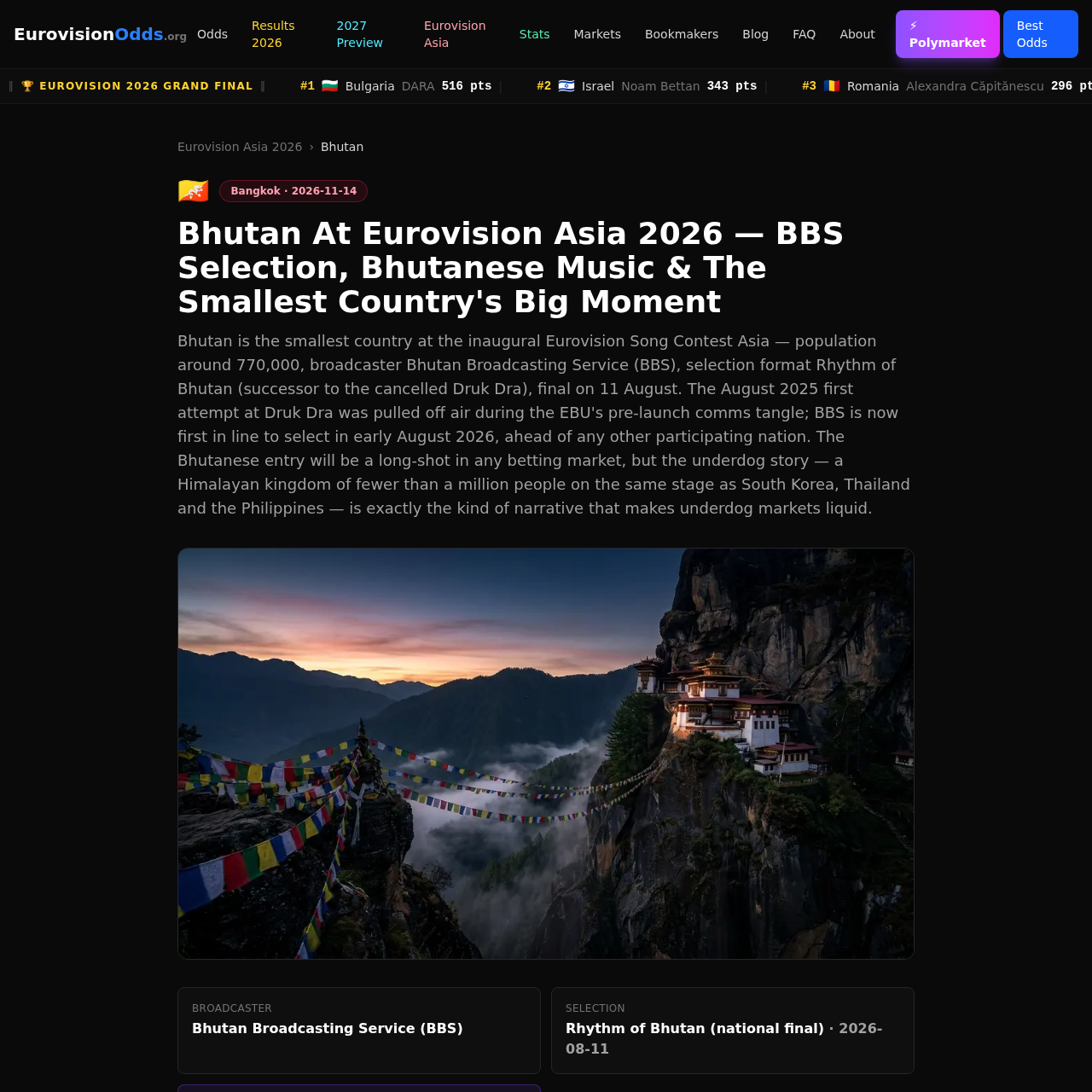 EurovisionOdds Bhutan country page showing BBS selection details and the Rhythm of Bhutan final date of 11 August 2026