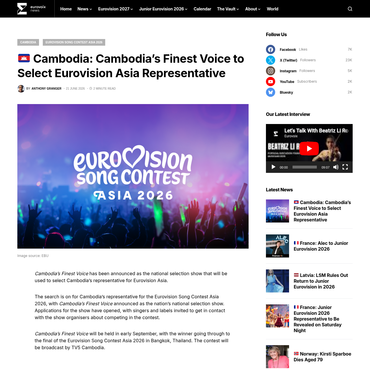 Eurovoix announcement of Cambodia's Finest Voice for Eurovision Asia