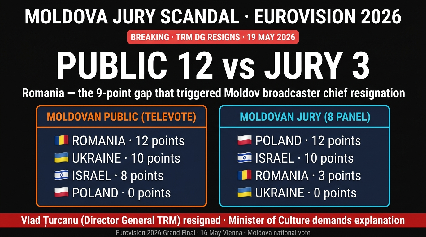 Eurovision 2026 Moldova jury versus public vote infographic: Romania 12 public vs 3 jury, Ukraine 10 public vs 0 jury, leading to TRM Director General Vlad Turcanu resignation