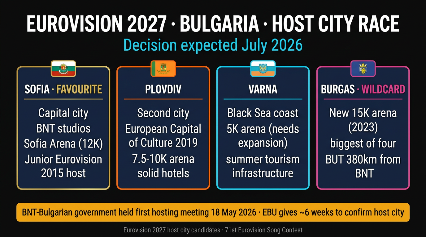 Eurovision 2027 host city race comparison: Sofia, Plovdiv, Varna and Burgas โ Bulgaria's hosting bid race