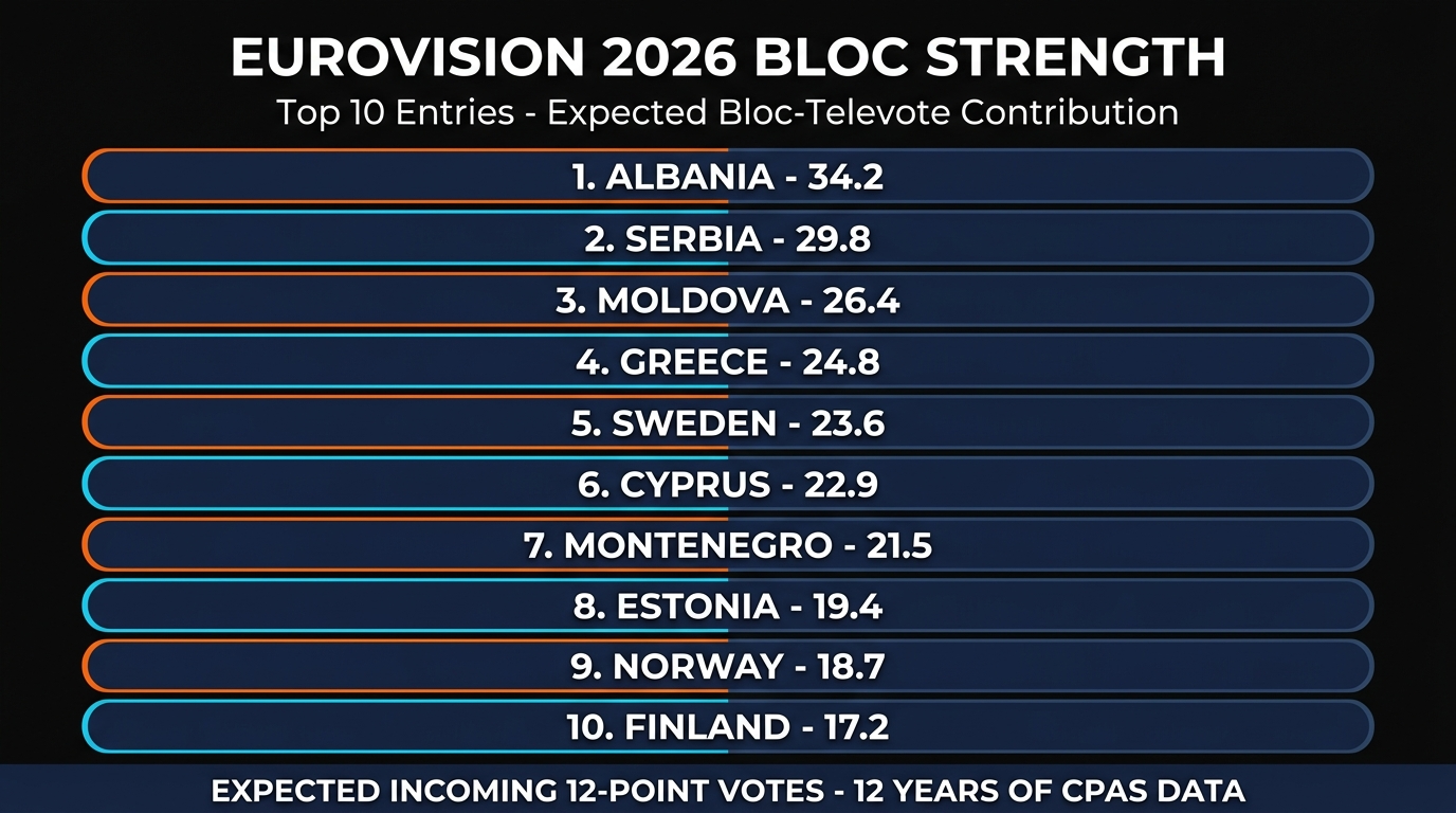 Eurovision 2026 Bloc Strength Ranking — top 10 entries by expected bloc-televote contribution (full top-20 in the table above)