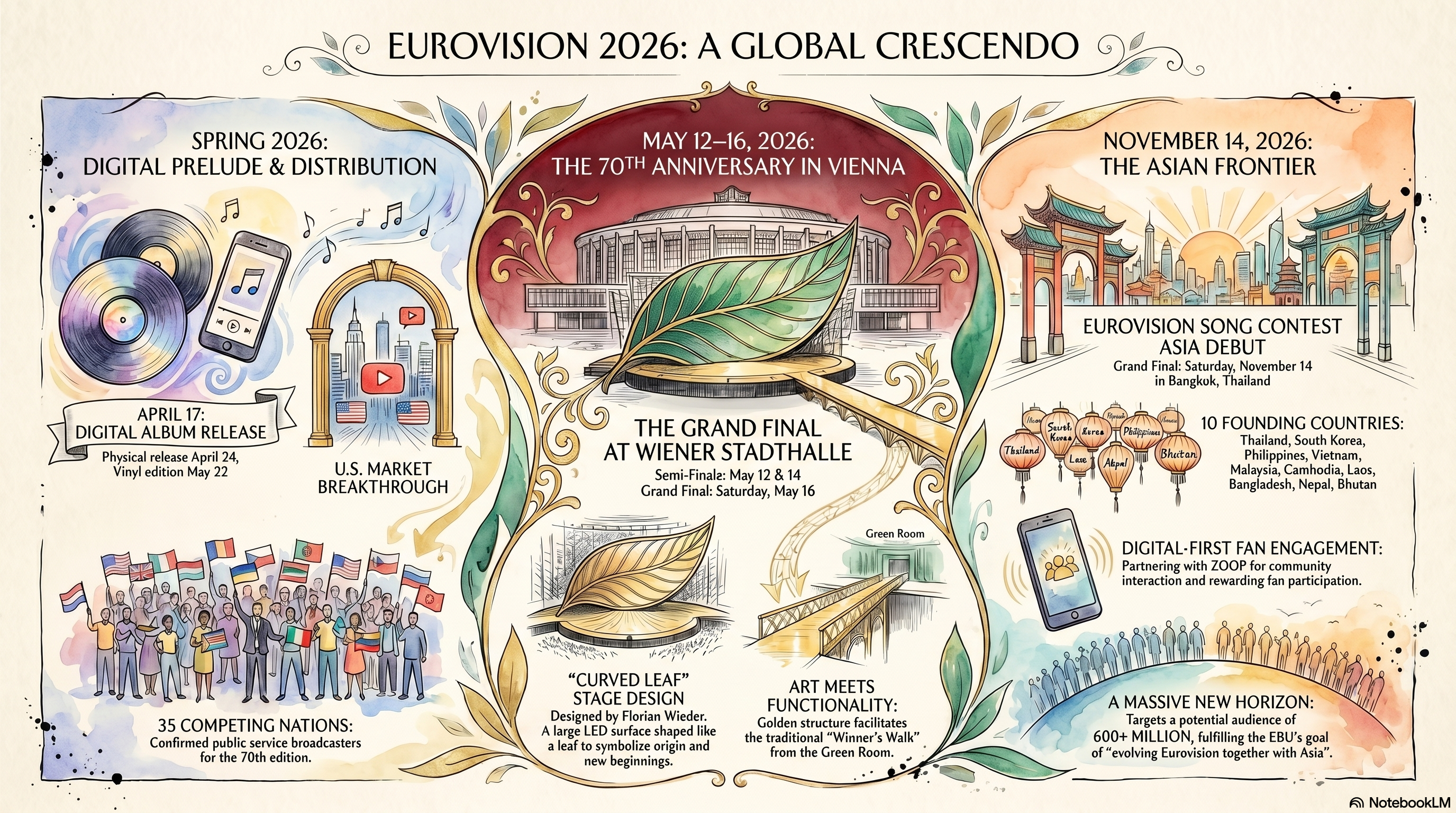 NotebookLM editorial infographic placing the Vienna 2026 stage design in broader Eurovision context