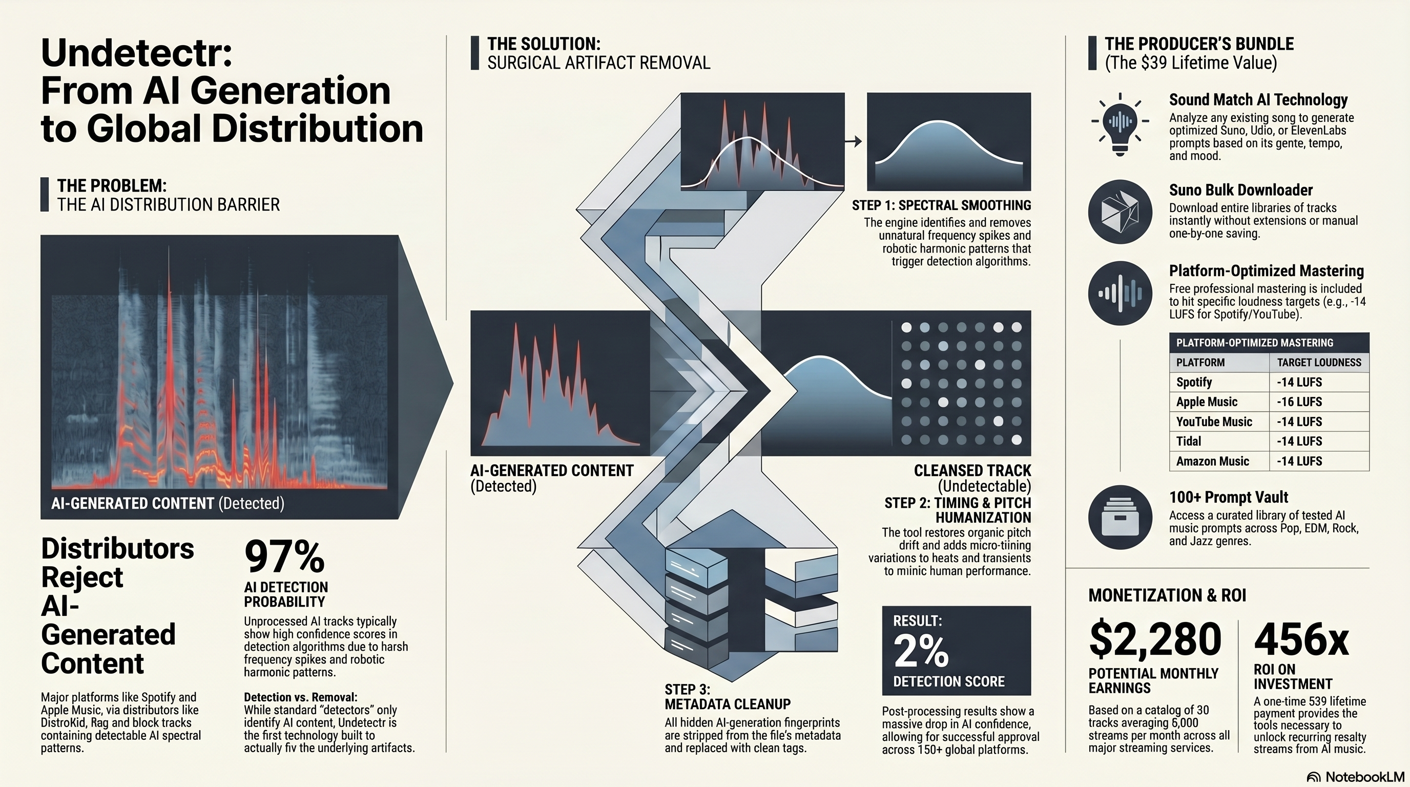NotebookLM professional infographic summarising Undetectr AI music artifact removal features