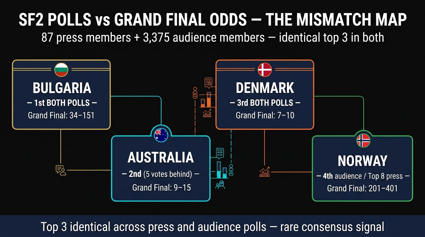 SF2 Press Poll and Audience Poll signals mapped against Grand Final odds — Eurovision 2026