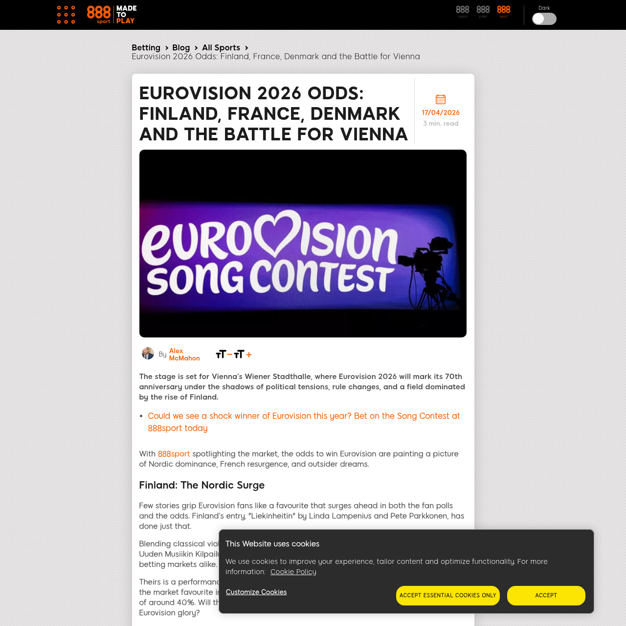 888sport Eurovision 2026 predictions analysis