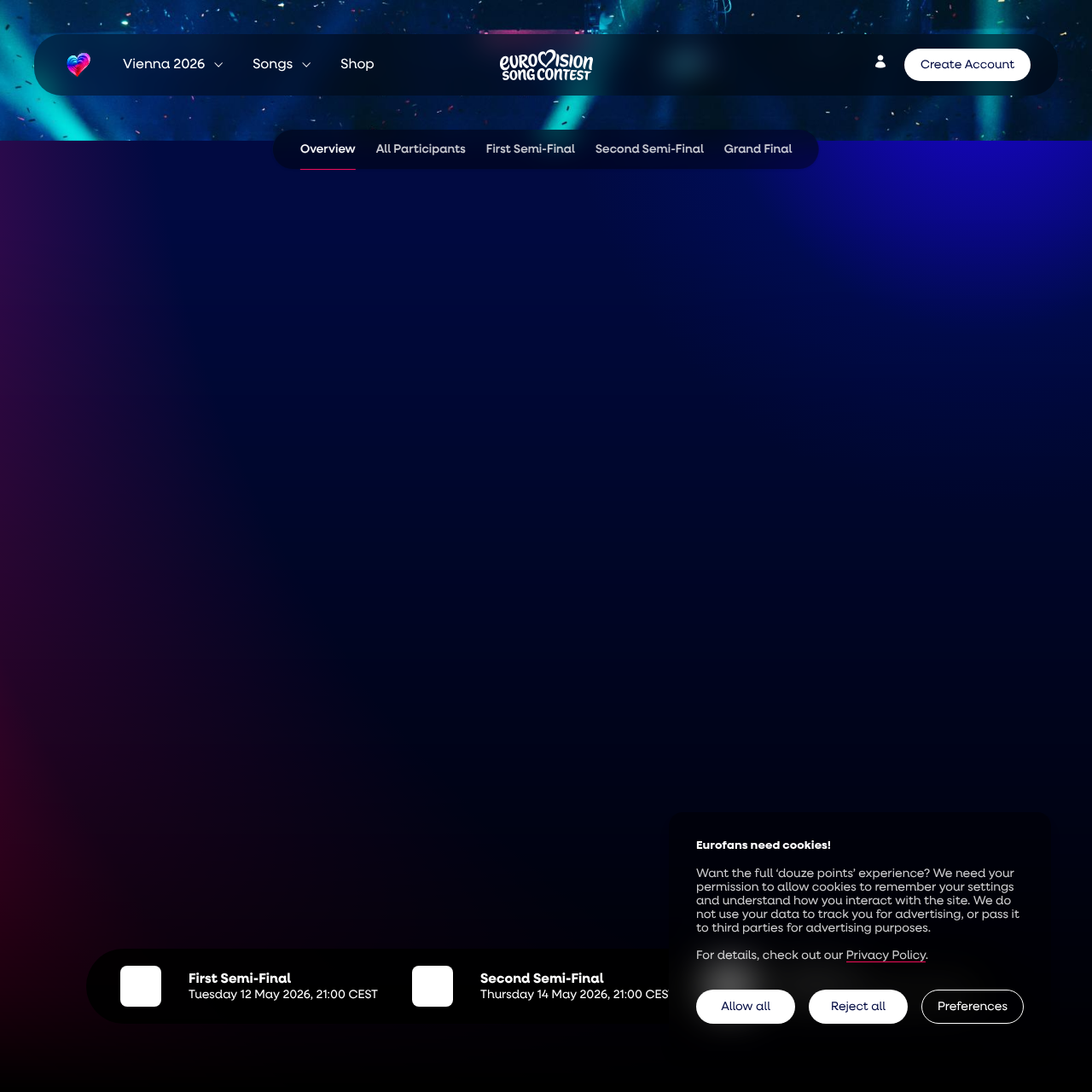 Official Eurovision.com Vienna 2026 hub page