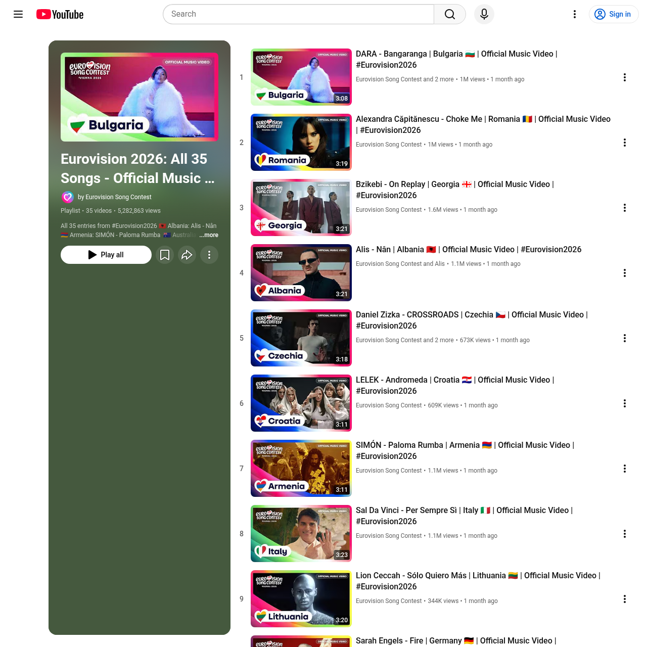 The Eurovision 2026 official YouTube playlist showing all competing entries