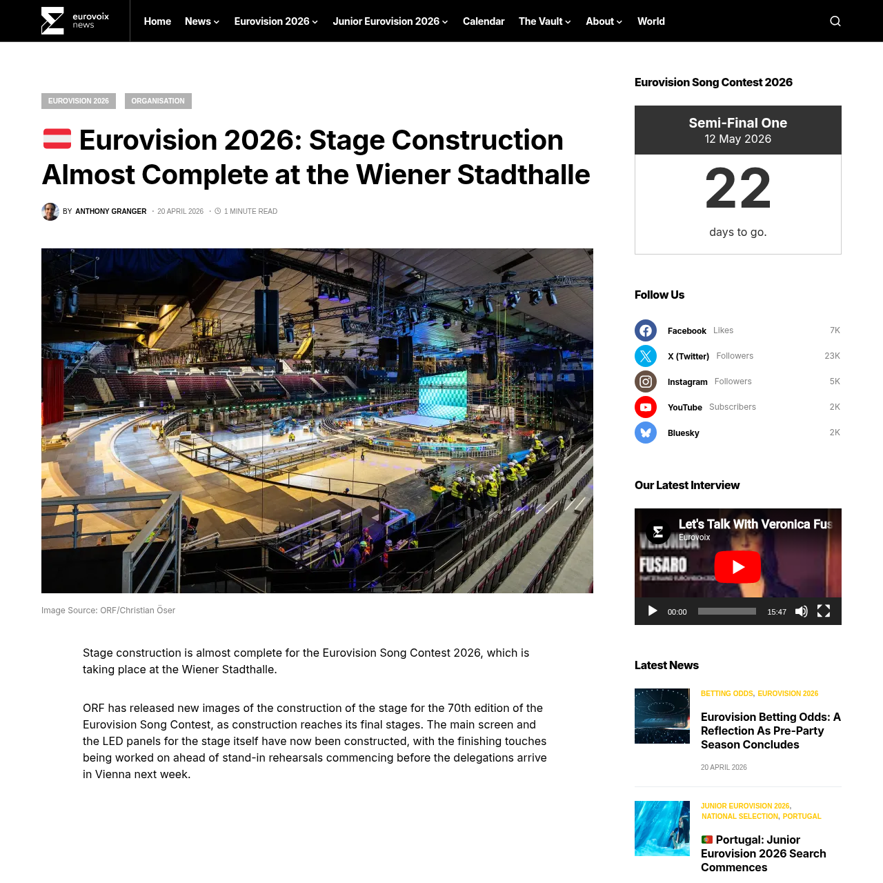 Eurovoix article covering Eurovision 2026 stage construction almost complete
