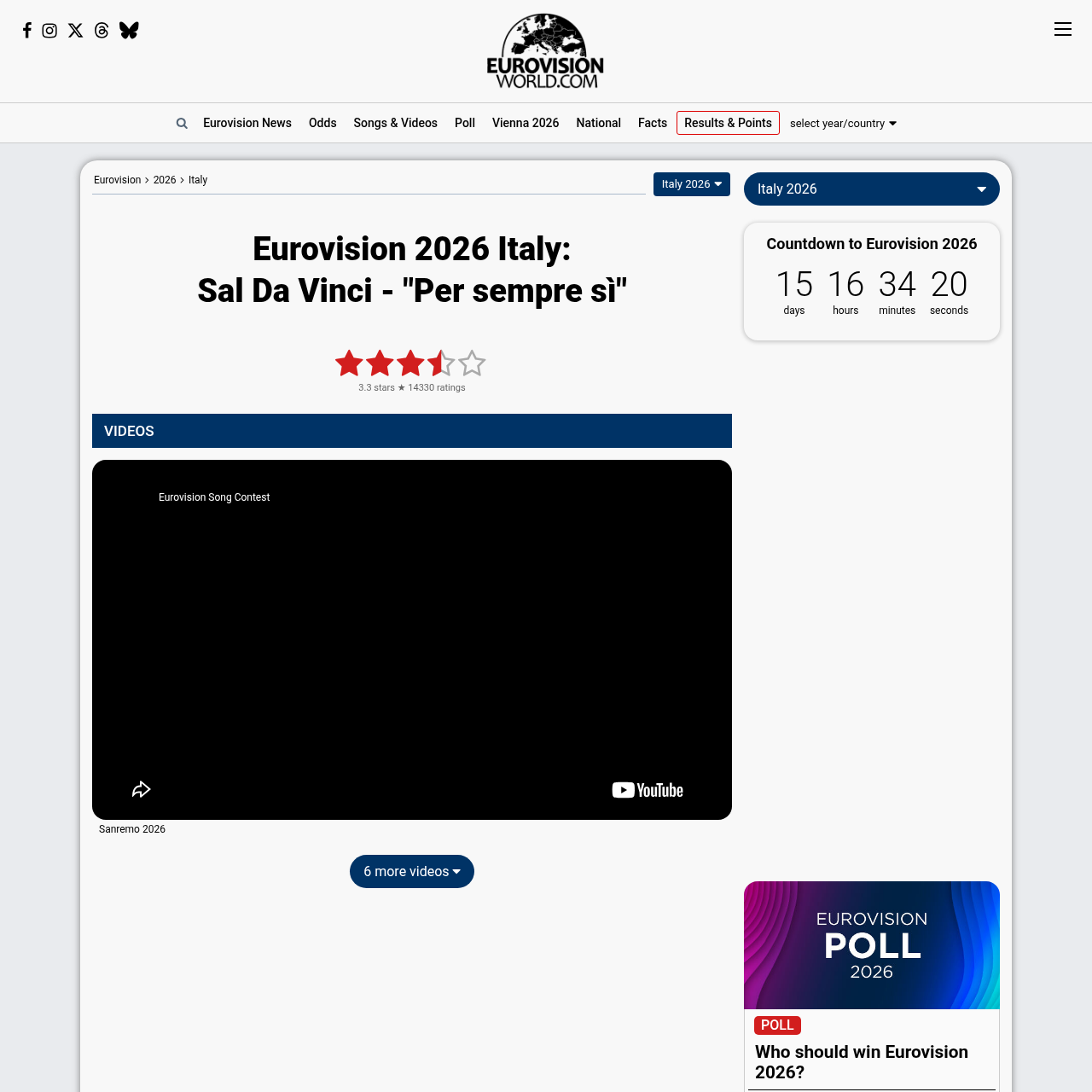 EurovisionWorld's profile page for Italy's Sal Da Vinci and 'Per sempre si'