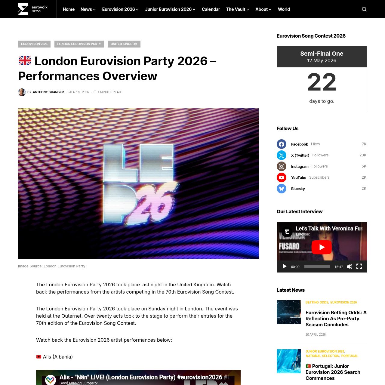 London Eurovision Party 2026 performances coverage on Eurovoix