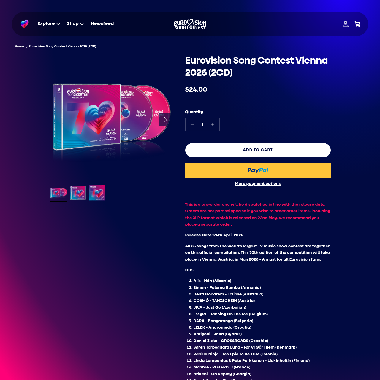 Shop.eurovision.com product page for the Vienna 2026 2CD album