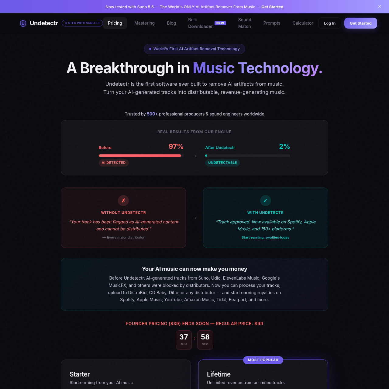 Undetectr pricing page with founder $39 lifetime deal