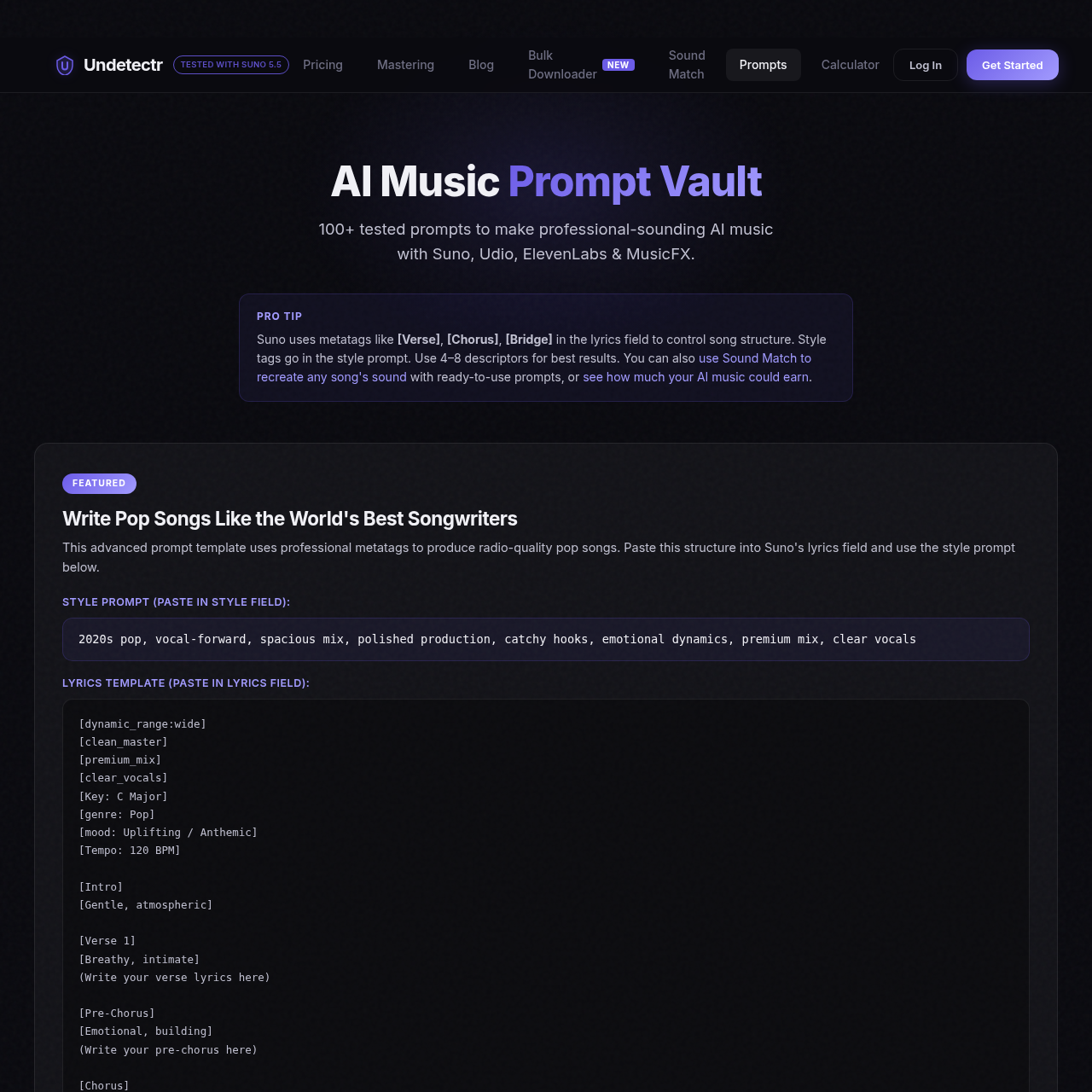 Undetectr 100+ AI music prompts library