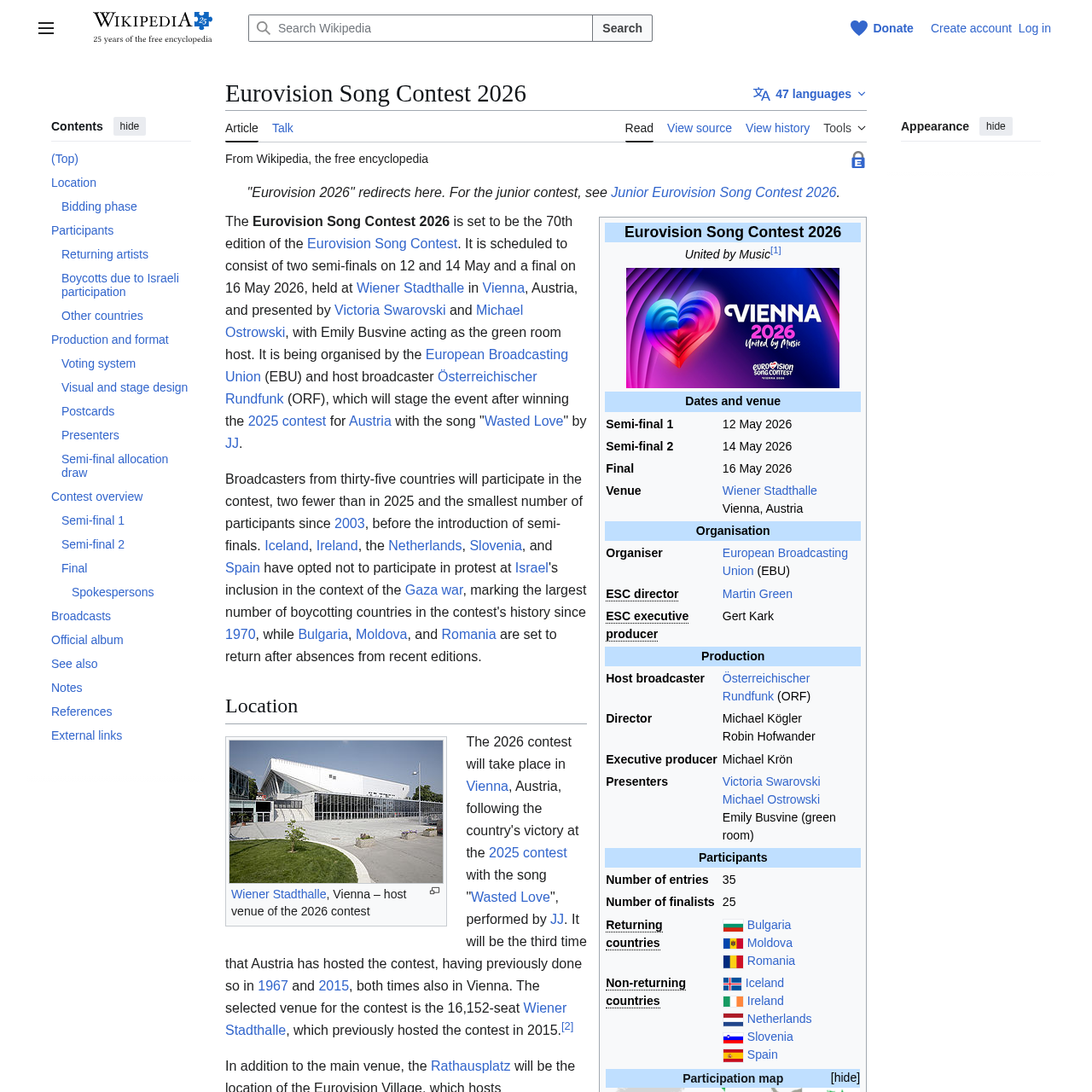 Wikipedia's Eurovision 2026 article outlining the Big 5 auto-qualifiers