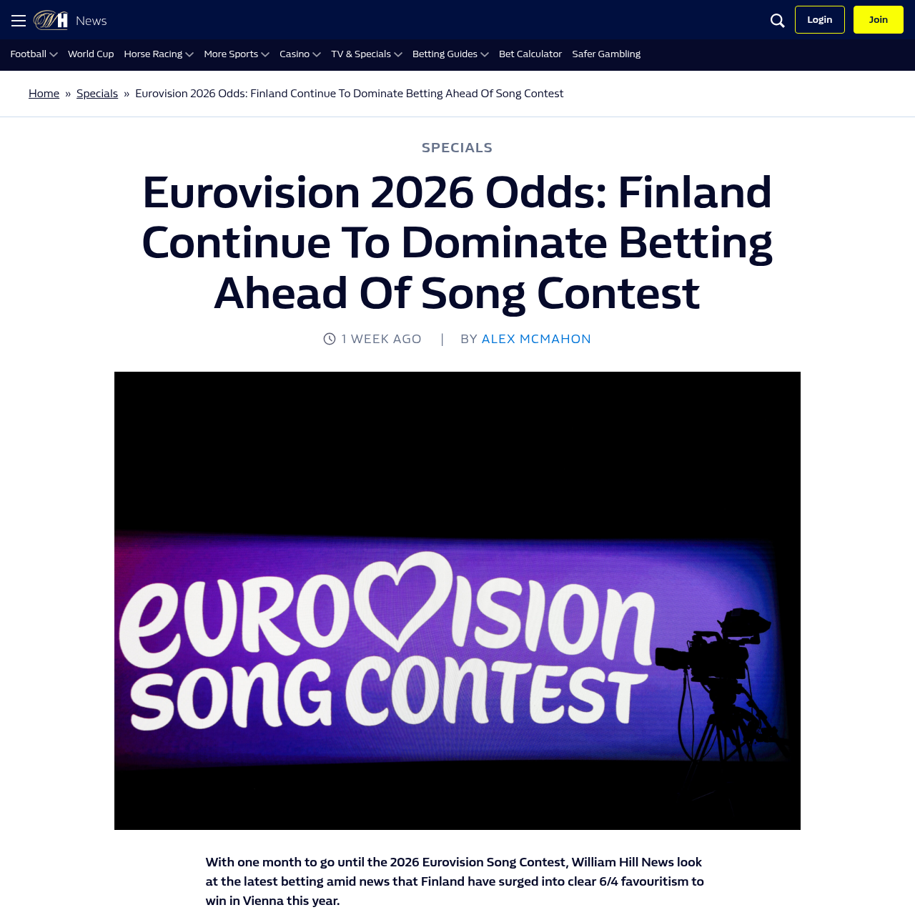 William Hill Eurovision 2026 winner odds