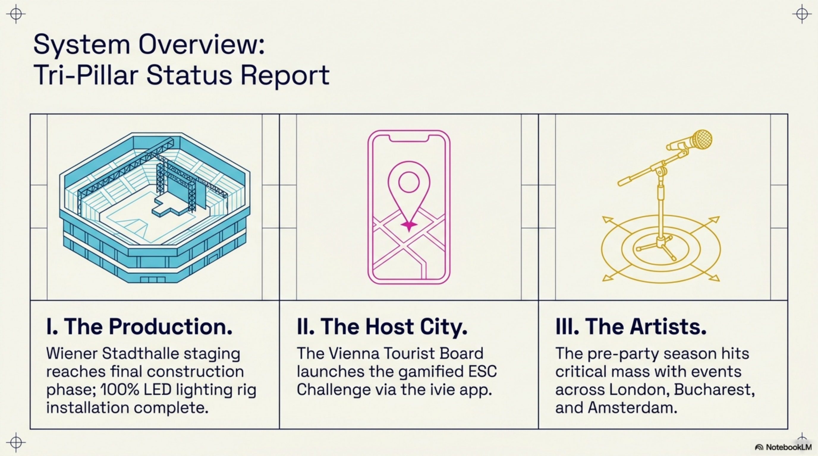 NotebookLM slide — Eurovision 2026 venue, lighting, and production overview