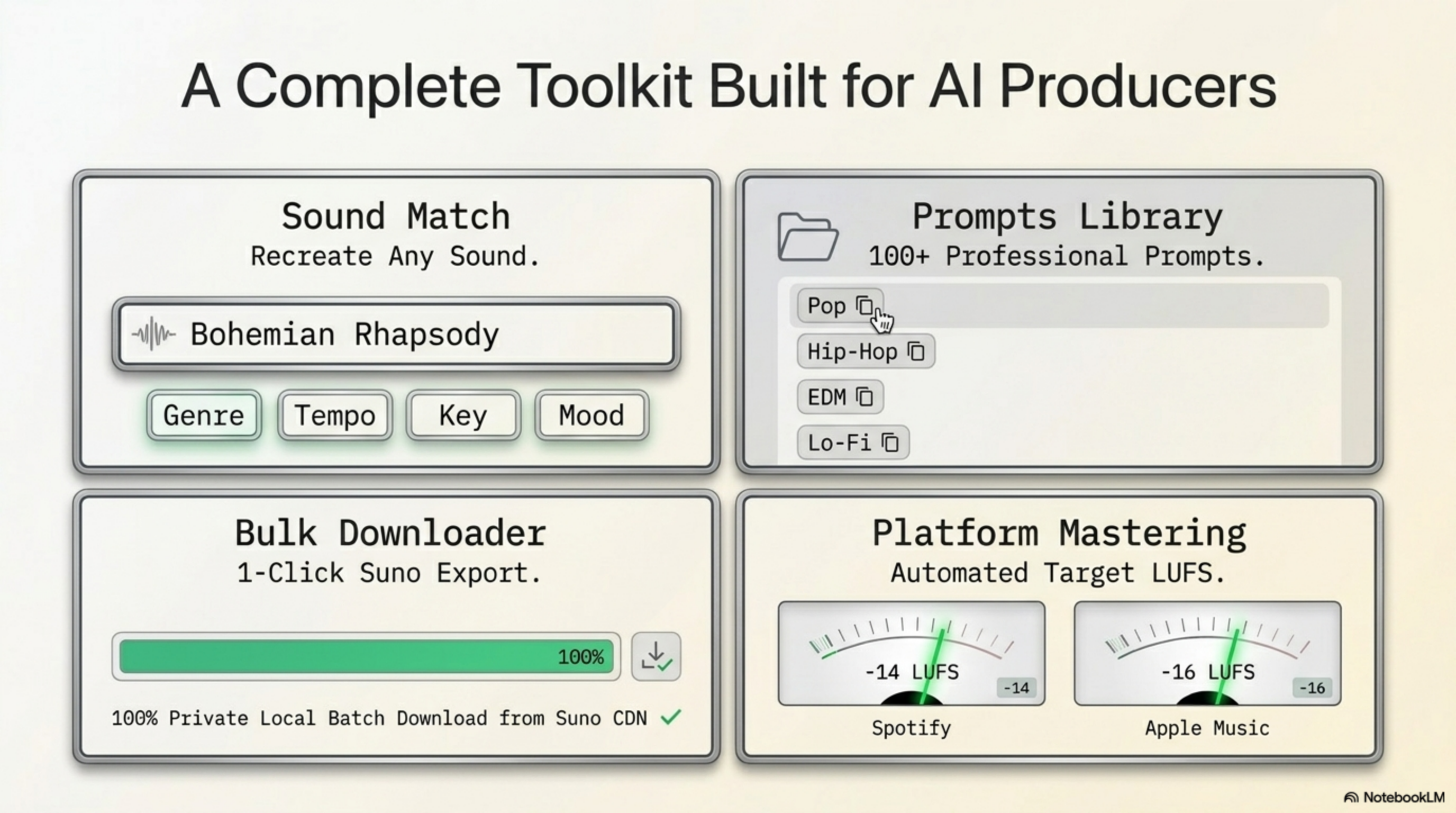 NotebookLM slide — Undetectr compared to alternative AI music tools